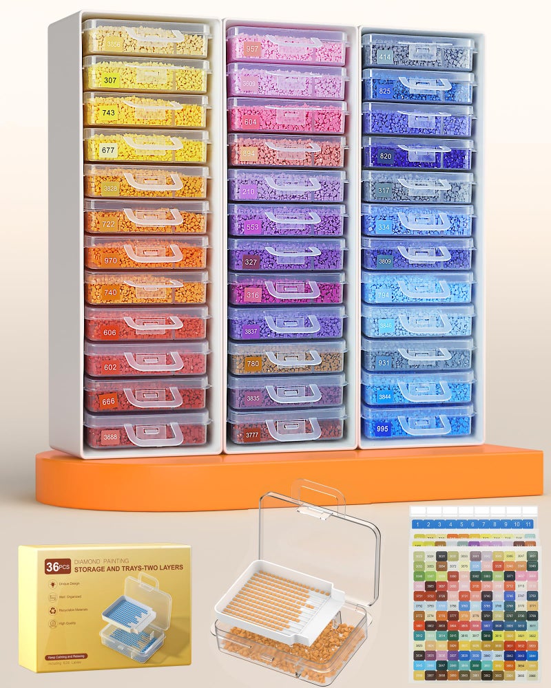 Redtwo 36pcs Diamond Painting Storage Containers Trays with Double Layers, 3-in-1 Diamond Painting Trays with Lids, Diamond Art Accessories, Diamond Art Drills Storage & Line-Up - Image 1
