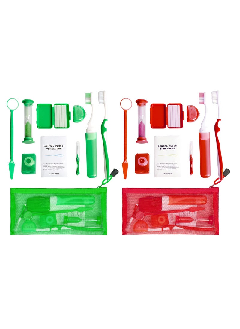Generic Portable Orthodontic Oral Care Kit for Braces -2 Orthodontic Care Set - Dental Braces Kit, Interdental Brush Dental Wax Dental Floss Toothbrush Cleaning Kit (Green & Red)  - Image 1
