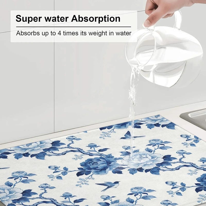 Vodbne Chinoiserie Dish Drying Mat, for Kitchen Counter Microfiber Absorbent, Blue and White Dish Draining Mat Extra Large 18"x24" - Image 4