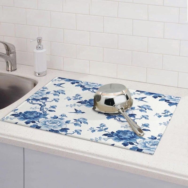 Vodbne Chinoiserie Dish Drying Mat, for Kitchen Counter Microfiber Absorbent, Blue and White Dish Draining Mat Extra Large 18"x24" - Image 5