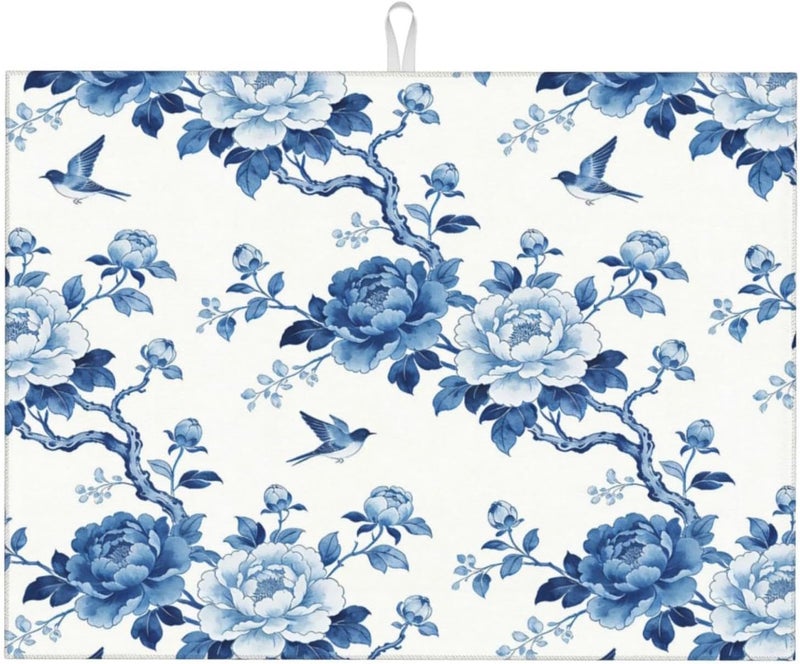 Vodbne Chinoiserie Dish Drying Mat, for Kitchen Counter Microfiber Absorbent, Blue and White Dish Draining Mat Extra Large 18"x24" - Image 1