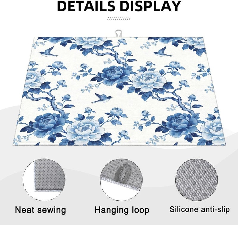 Vodbne Chinoiserie Dish Drying Mat, for Kitchen Counter Microfiber Absorbent, Blue and White Dish Draining Mat Extra Large 18"x24" - Image 3