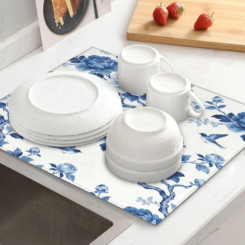 Vodbne Chinoiserie Dish Drying Mat, for Kitchen Counter Microfiber Absorbent, Blue and White Dish Draining Mat Extra Large 18"x24" - Image 2