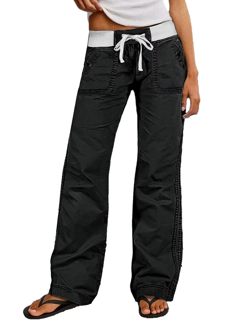 Flamingals Straight Leg Pants for Women Drawstring Waist Mid Rise Casual Solid Seam Detail Pants Black XL - Image 1