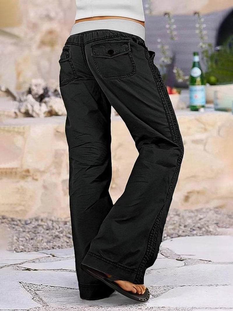Flamingals Straight Leg Pants for Women Drawstring Waist Mid Rise Casual Solid Seam Detail Pants Black XL - Image 2