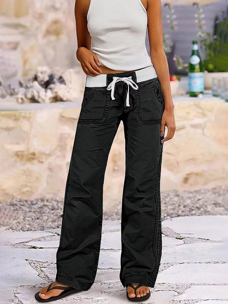 Flamingals Straight Leg Pants for Women Drawstring Waist Mid Rise Casual Solid Seam Detail Pants Black XL - Image 3