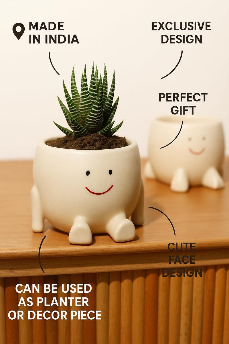 Craftribal Cute Trendy Ceramic Face Sitting Planter Pot |Size 5.5 inches|Beige| (Pack of 1)|Planter Pot for Succulents Home Office Indoor & Outdoor|Modern Handmade Planter - Image 3