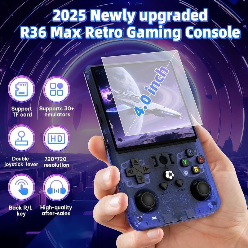 AQHH R36 Max Retro Gaming Console, Retro Handheld Console 4.0'' Screen Linux System, 64G TF Card, 4000mAh Rechargeable Portable Pocket Arcade, Transparent Blue - Image 2