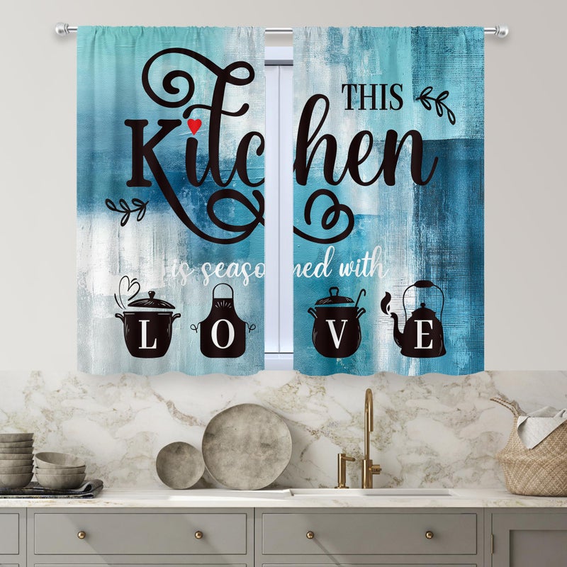 MESHELLY Teal Kitchen Curtains 27.5Wx39H Inch Rod Pocket Vintage Farmhouse Turquoise Grey Blue Abstract Bedroom Window Drapes Watercolor Quotes Printed Living Room Window Treatment Fabric 2 Panels - Image 2