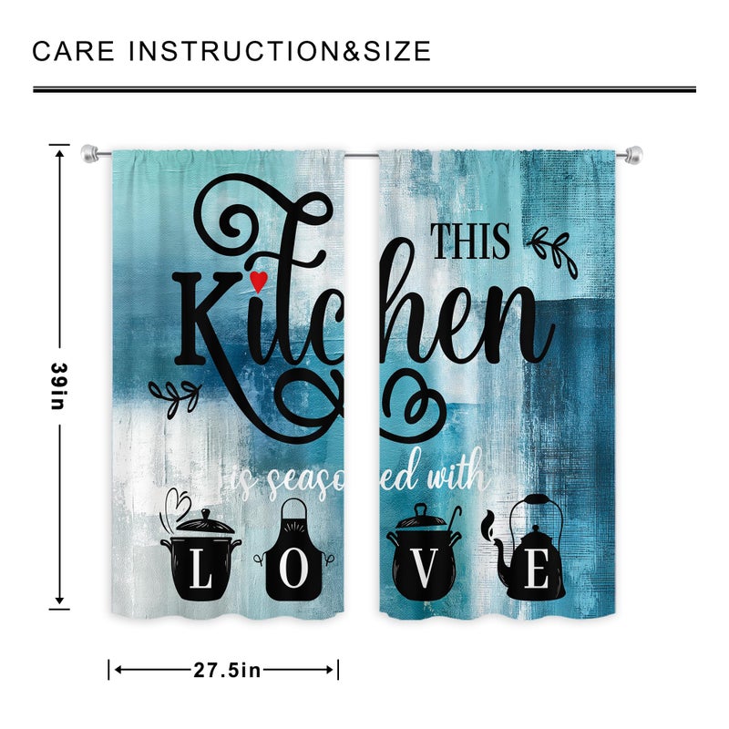 MESHELLY Teal Kitchen Curtains 27.5Wx39H Inch Rod Pocket Vintage Farmhouse Turquoise Grey Blue Abstract Bedroom Window Drapes Watercolor Quotes Printed Living Room Window Treatment Fabric 2 Panels - Image 3