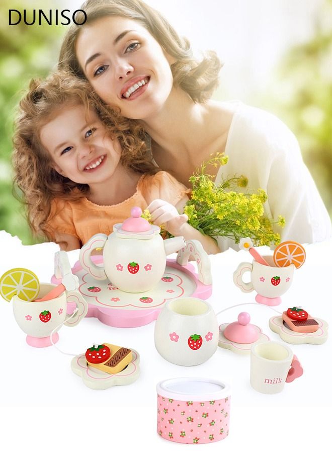 DUNISO Wooden Tea Set Toy Play Kitchen Accessories for Kids Pretend Play Food Playset Toddlers Tea Party Set for Girls and Boys Tea Set - Image 1