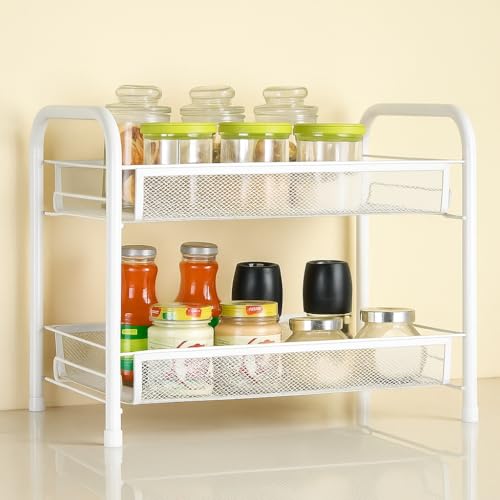 Pro-Grade ProGrade 2-Tier Kitchen Spice Rack Organiser, White Metal Mesh Storage Shelf, Countertop Standing Organizer - Image 1