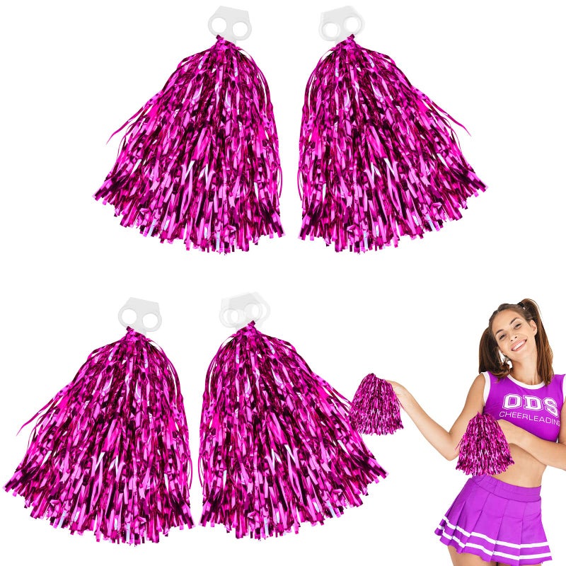 Thenshop 4 Pack Cheerleading Pom Poms Cheerleader Squad Spirited Fun Pompoms Cheer Hand Flowers Metallic Foil Pompoms for Adults Sports Meeting Team Spirit Cheering PartyHot Pink - Image 2