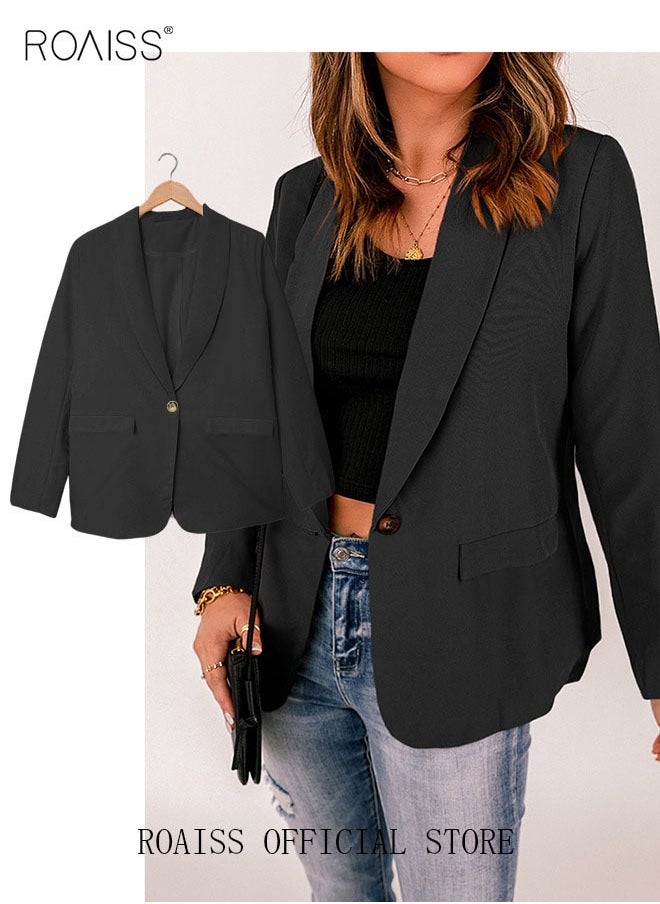 roaiss - Women'S Casual Business Blazer Fashion Casual Solid Color Office Coat Classic Lapel Button Open Placket Coat - Image 1