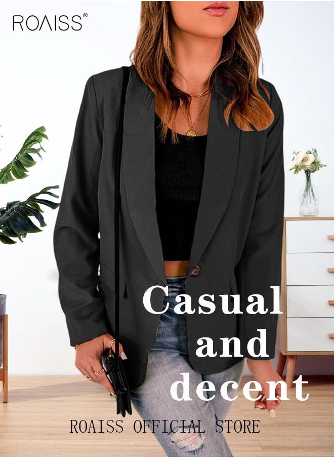 roaiss - Women'S Casual Business Blazer Fashion Casual Solid Color Office Coat Classic Lapel Button Open Placket Coat - Image 1