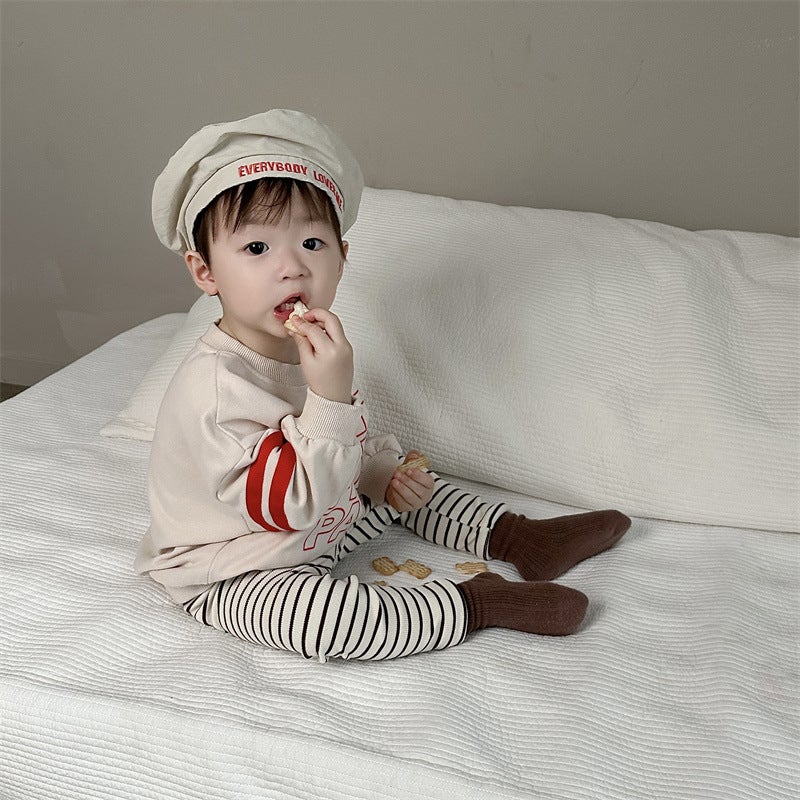 Childrens Alphabet Sweaters suit Autumn Clothes Korean Style Childrens Wear Boys Long Sleeve Sweaters Two-Piece Babys Autumn Clothes Coffee apricot leggings