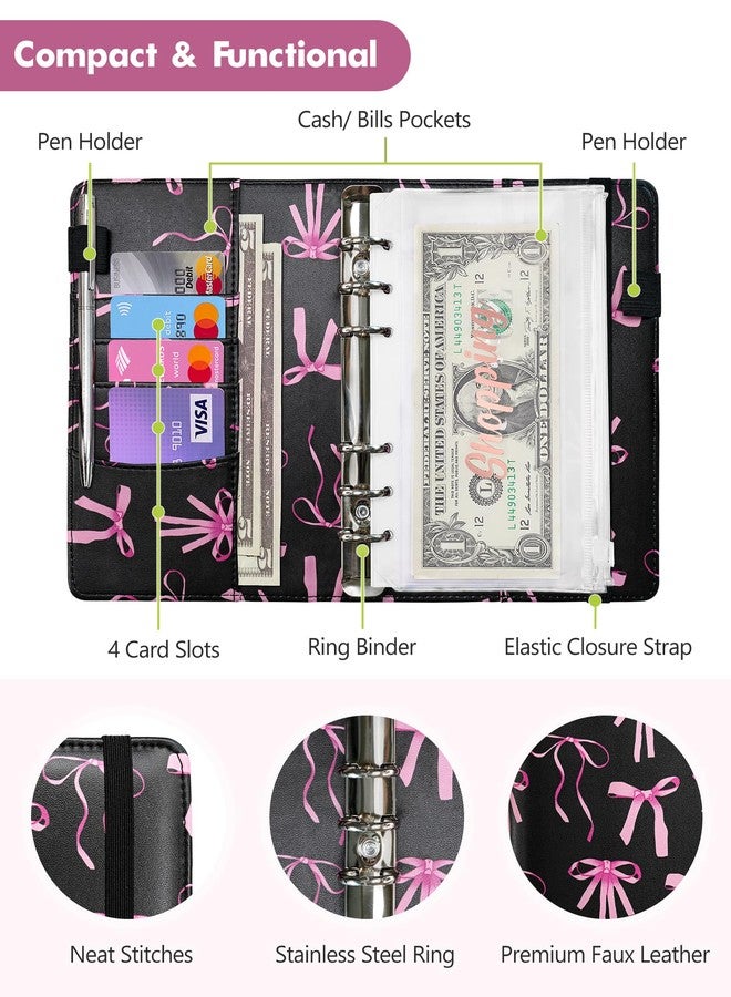 Zreal A6 Budget Binder for Money Saving, PU Leather Budget Planner with 8 Cash Envelopes, Budget Sheets & Rose Gold Category Stickers, Money Organizer for Cash (Black Bow) - Image 3