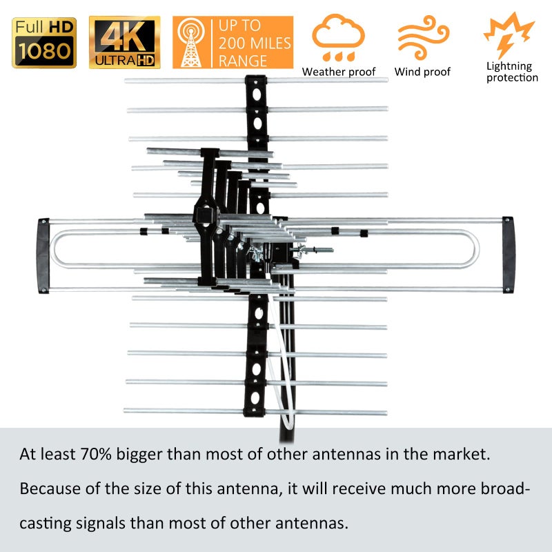 Five Star Outdoor HDTV Antenna up to 200 Mile Long Range, Attic or Roof Mount, Digital OTA Antenna for 4K 1080P VHF UHF Supports 4 TVs Installation Kit & J Mount, ATSC 3.0 Ready - Image 4