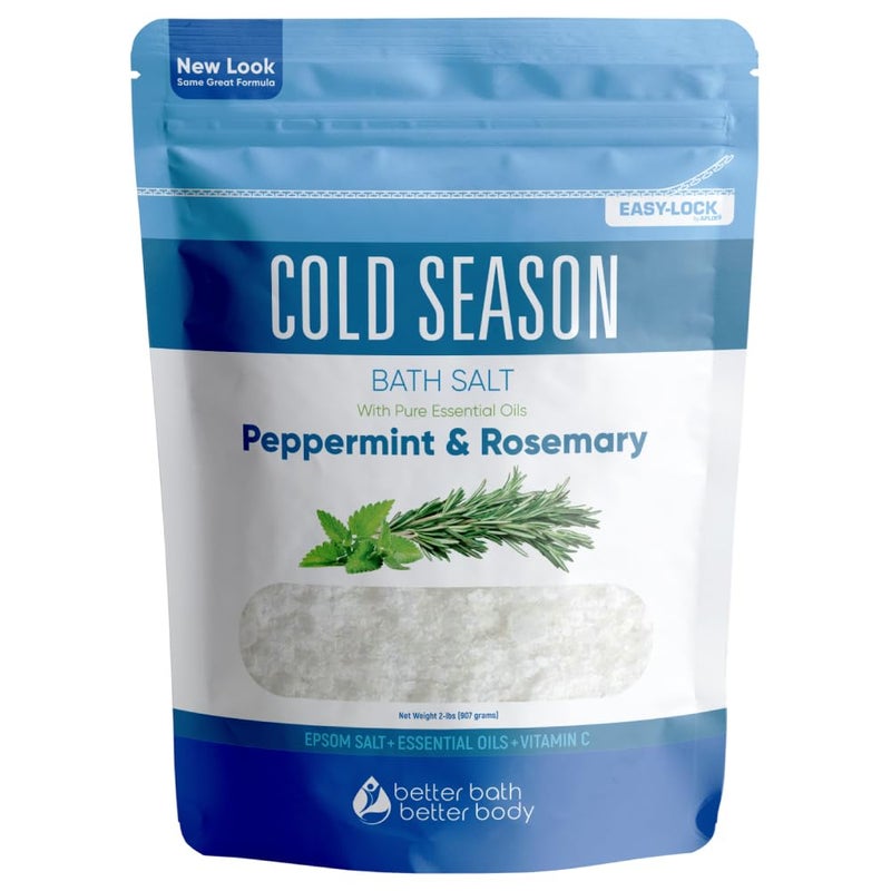 Better Bath Better Body Cold Season Bath Salt 32 Ounces (2 Lbs) USP Grade Epsom Salt with Natural Rosemary and Peppermint Pure Essential Oils Plus Vitamin C in BPA Free Pouch with Easy Press Lock Seal Made in USA - Image 1