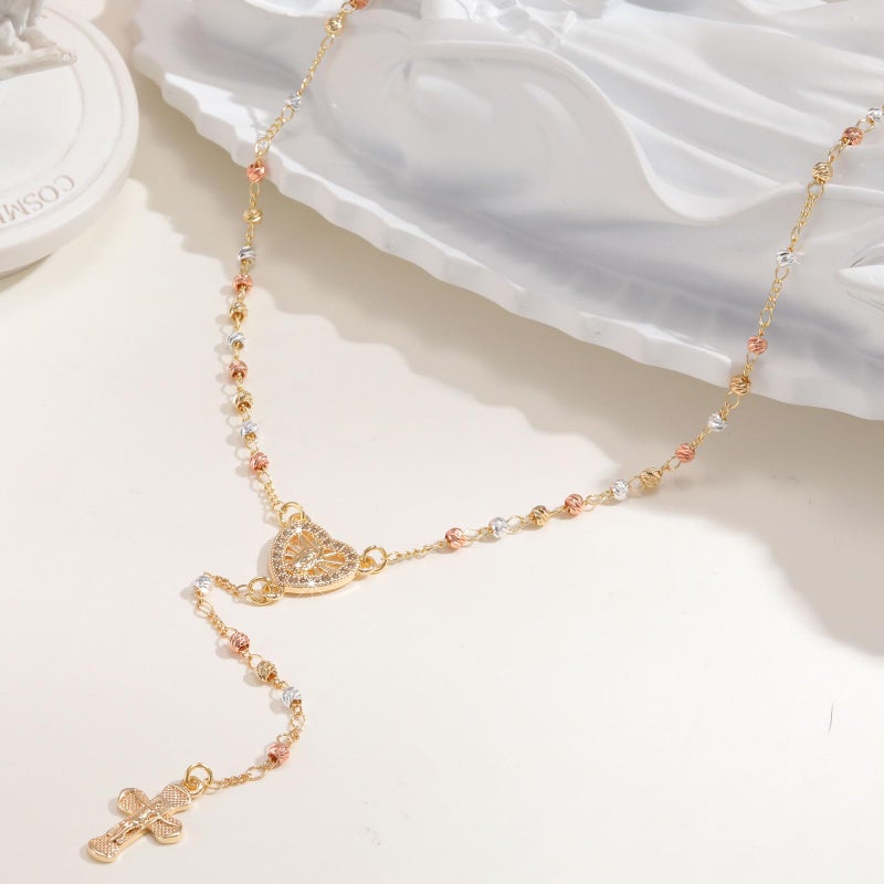 XUANPAI Women's Gold Virgin Mary Necklace - 14k Gold Plated Rosary Bead Cross Necklaces,Hypoallergenic Non Tarnish Gold Catholic Y Chain Necklace,Religious Rosary Beads Crucifix Necklaces Jewelry Gift for Her - Image 5
