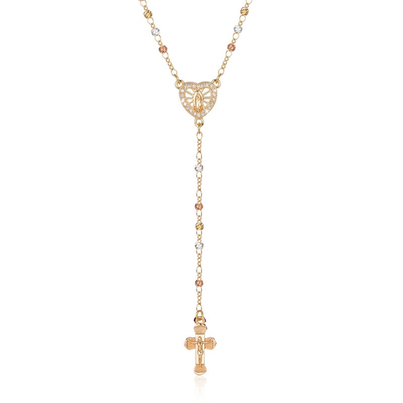 XUANPAI Women's Gold Virgin Mary Necklace - 14k Gold Plated Rosary Bead Cross Necklaces,Hypoallergenic Non Tarnish Gold Catholic Y Chain Necklace,Religious Rosary Beads Crucifix Necklaces Jewelry Gift for Her - Image 1