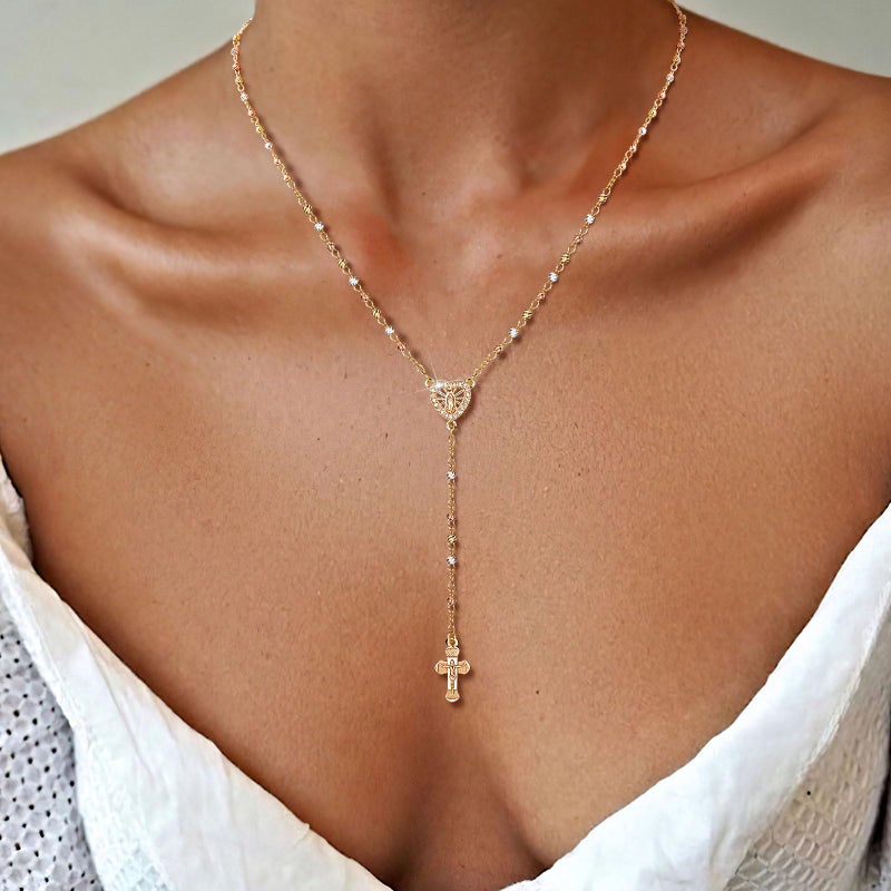 XUANPAI Women's Gold Virgin Mary Necklace - 14k Gold Plated Rosary Bead Cross Necklaces,Hypoallergenic Non Tarnish Gold Catholic Y Chain Necklace,Religious Rosary Beads Crucifix Necklaces Jewelry Gift for Her - Image 2