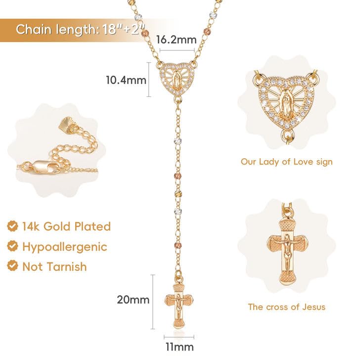 XUANPAI Women's Gold Virgin Mary Necklace - 14k Gold Plated Rosary Bead Cross Necklaces,Hypoallergenic Non Tarnish Gold Catholic Y Chain Necklace,Religious Rosary Beads Crucifix Necklaces Jewelry Gift for Her - Image 4