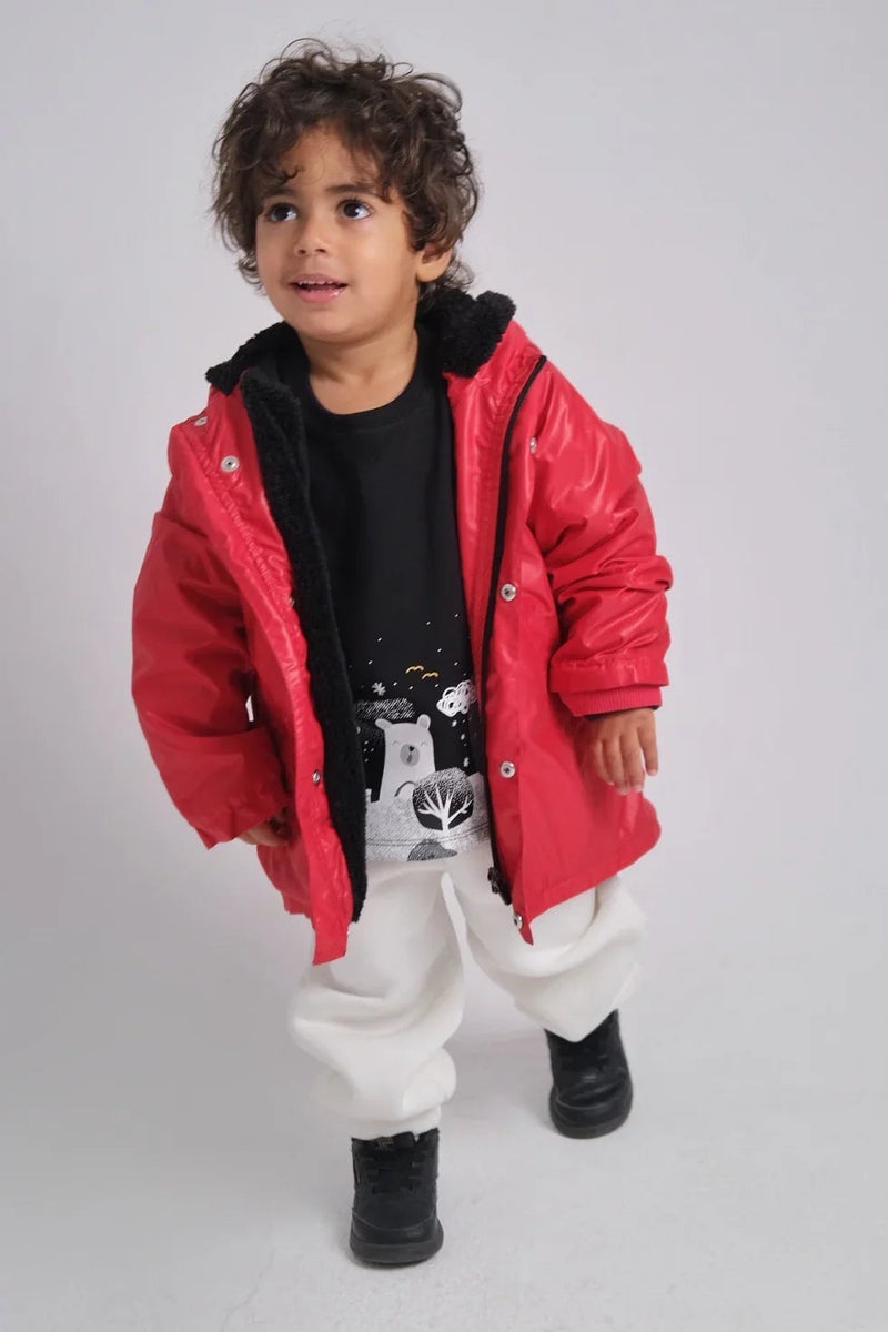 playmore Kids Unisex Red Fur Lined Raincoat - Image 1