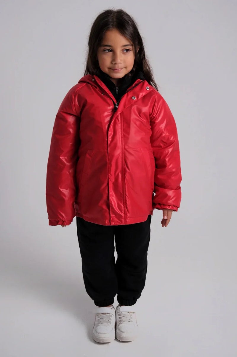playmore Kids Unisex Red Fur Lined Raincoat - Image 2