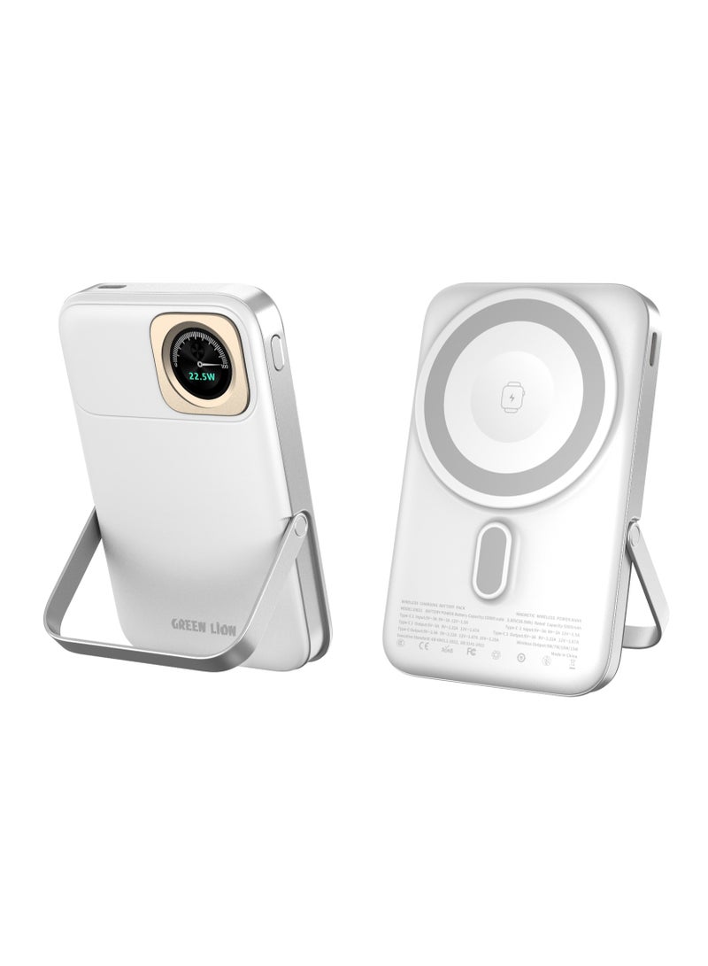 GREEN LION Volt Guage 10000 mAh MagSafe Power Bank with 2 USB-C Ports & Kickstand / PD 22.5W Fast Charging / Flight Approved / Digital Display / iWatch Wireless Charging - White - Image 1