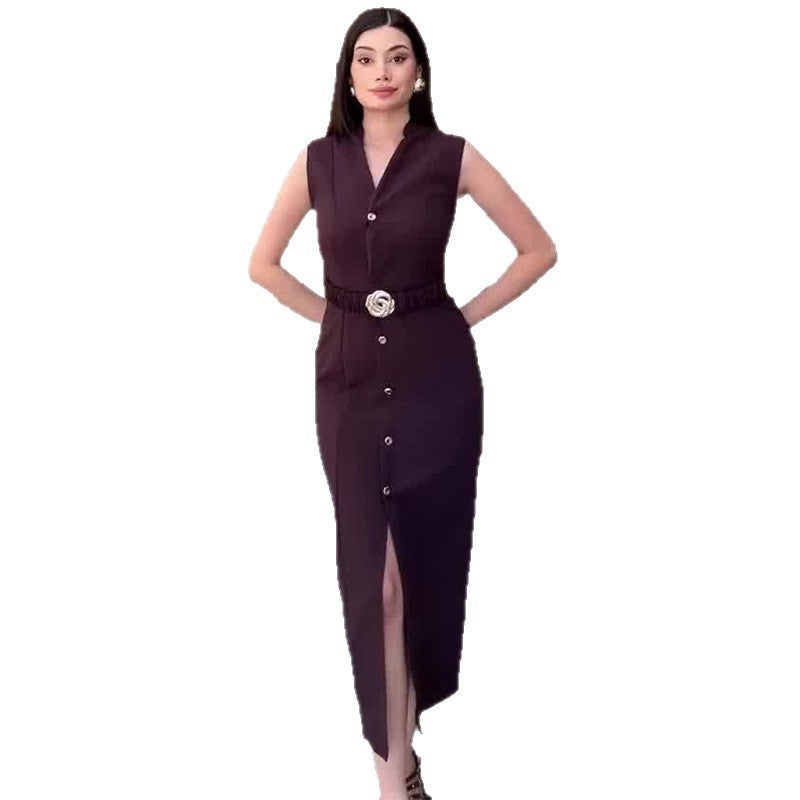 2026 Style V-Neck Sleeveless Dress With Belt And Slit, Elegant And Fashionable - Image 4
