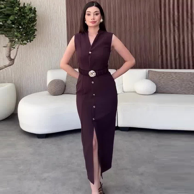2026 Style V-Neck Sleeveless Dress With Belt And Slit, Elegant And Fashionable - Image 2