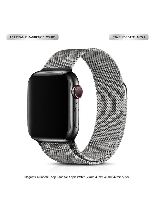 ELTRAZONE Magnetic Milanese Loop Band for Apple Watch Series 11 10 9 8 7 6 5 4 3 2 1 & SE 3 2 1, Stainless Steel Mesh Replacement Wristband with Adjustable Magnetic Closure, 38mm 40mm 41mm 42mm Strap, Silver - Image 1