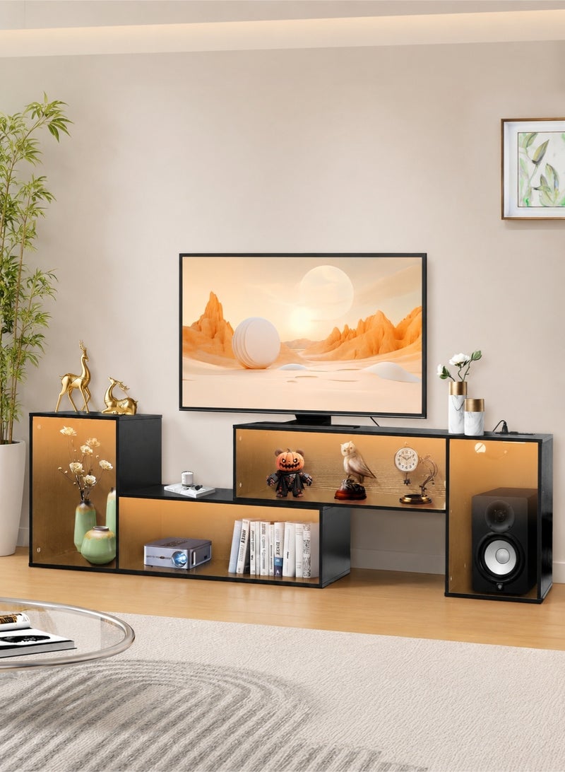 Yanara Flexible TV Stand with LED Strip & Power Outlets – Supports up to 75" TV, 2-Piece Modern Entertainment Center for Gaming Media, Living Room, Bedroom, Black - Image 4