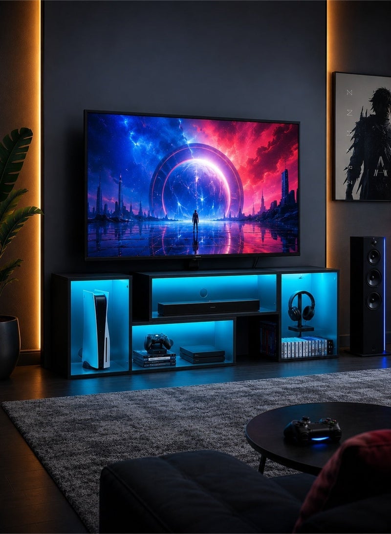 Yanara Flexible TV Stand with LED Strip & Power Outlets – Supports up to 75" TV, 2-Piece Modern Entertainment Center for Gaming Media, Living Room, Bedroom, Black - Image 3