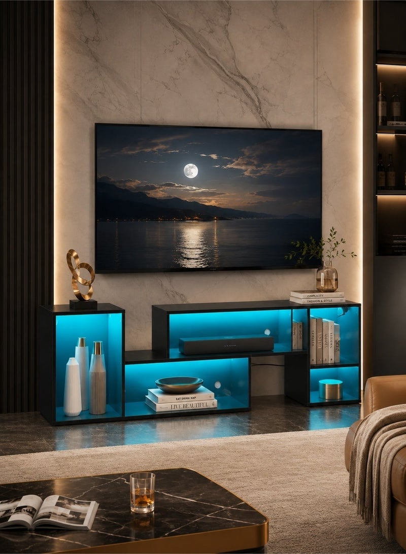 Yanara Flexible TV Stand with LED Strip & Power Outlets – Supports up to 75" TV, 2-Piece Modern Entertainment Center for Gaming Media, Living Room, Bedroom, Black - Image 2