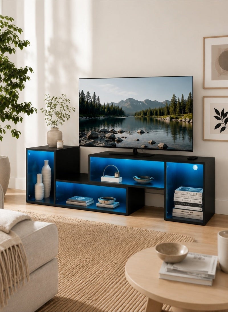 Yanara Flexible TV Stand with LED Strip & Power Outlets – Supports up to 75" TV, 2-Piece Modern Entertainment Center for Gaming Media, Living Room, Bedroom, Black - Image 1