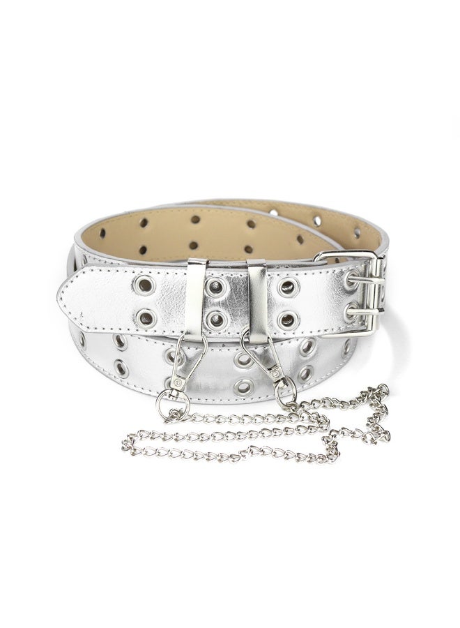 xozgdovg Punk Style Womens Decorative Fashion Chain Leather Belt Double Ring Eyelet Ladies Belt Street Style PU Leather Alloy Buckle silver single-layer chain 