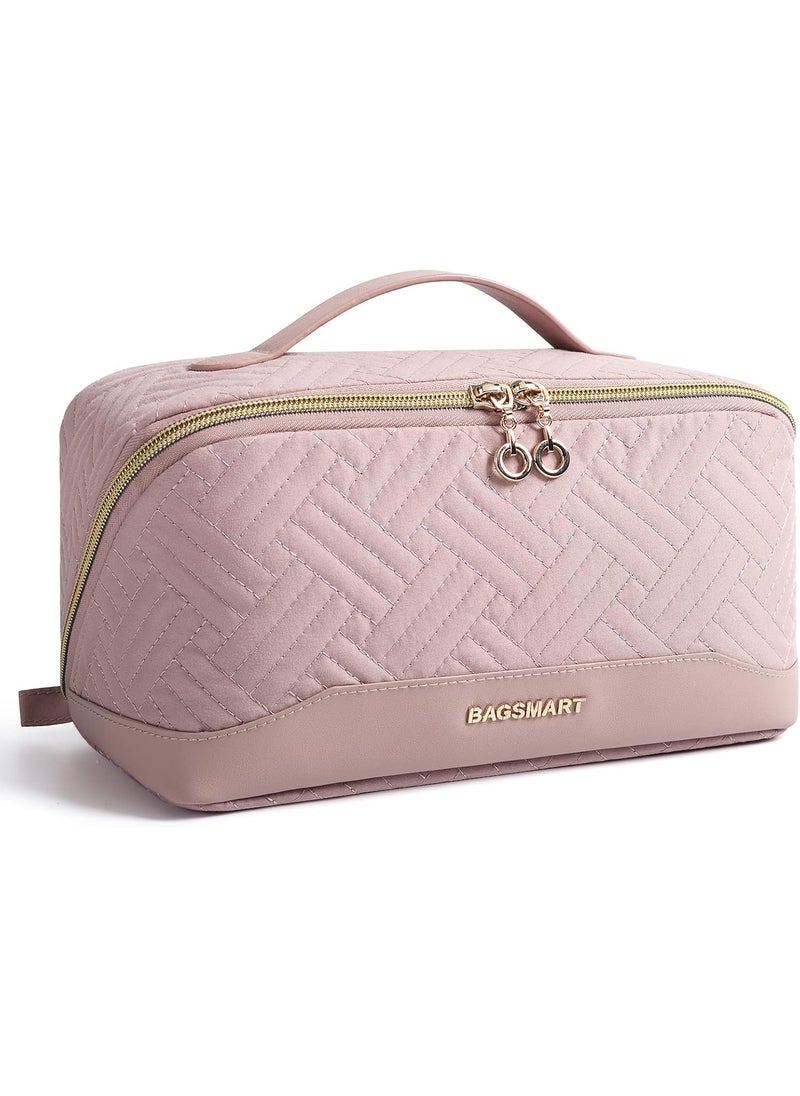 BAGSMART BAGSMART Makeup Bag, Travel Cosmetic Bags Water-resistent Makeup Case for Women Portable Pouch Open Flat Make Up Organizer for Toiletries, Brushes, Pink 