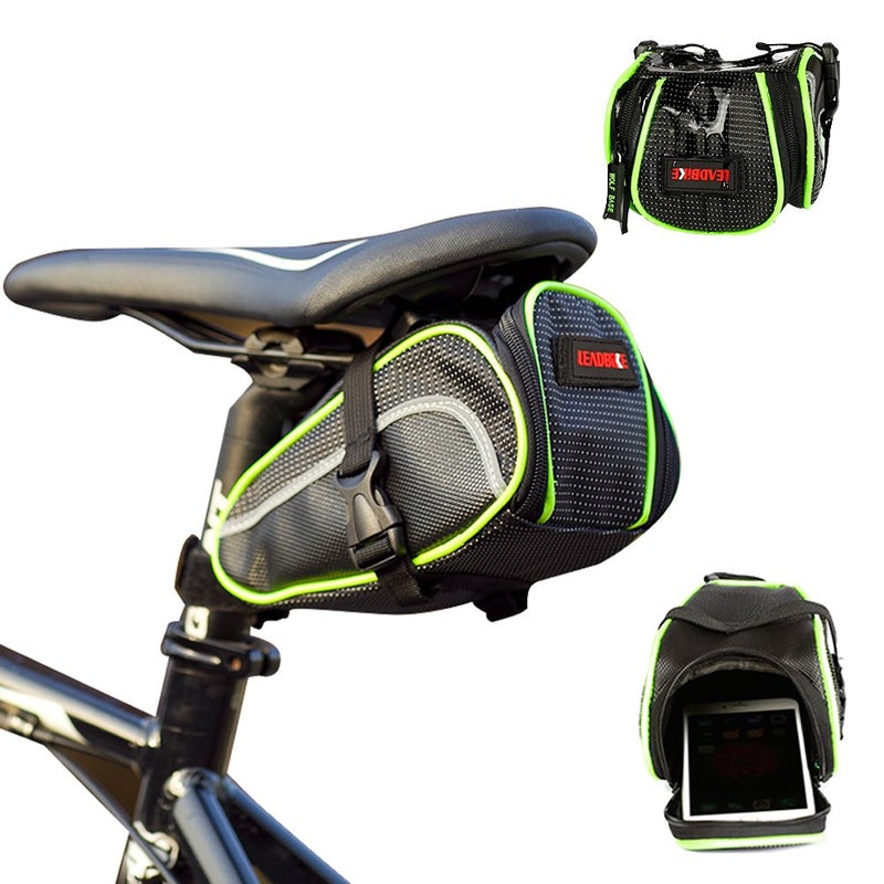 XSPANDER Ryhpez Bike Saddle Bag, Bicycle Bag Back Seat Pouch Mountain Bike Pocket Pack Waterproof Strap-on Seat Bag for Outdoor Night Safety Ride, Convenient with Reflective Stripes - Green - Image 4