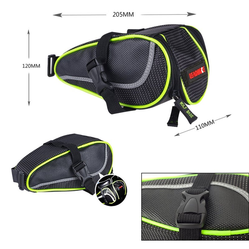 XSPANDER Ryhpez Bike Saddle Bag, Bicycle Bag Back Seat Pouch Mountain Bike Pocket Pack Waterproof Strap-on Seat Bag for Outdoor Night Safety Ride, Convenient with Reflective Stripes - Green - Image 3