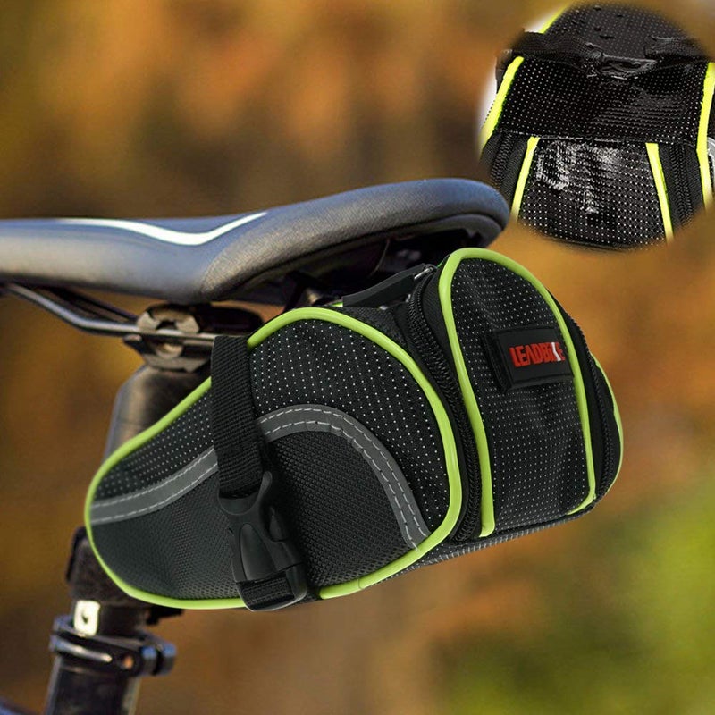XSPANDER Ryhpez Bike Saddle Bag, Bicycle Bag Back Seat Pouch Mountain Bike Pocket Pack Waterproof Strap-on Seat Bag for Outdoor Night Safety Ride, Convenient with Reflective Stripes - Green - Image 1