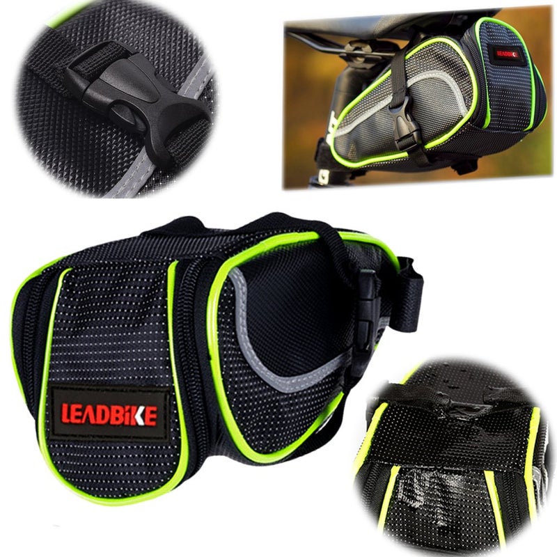 XSPANDER Ryhpez Bike Saddle Bag, Bicycle Bag Back Seat Pouch Mountain Bike Pocket Pack Waterproof Strap-on Seat Bag for Outdoor Night Safety Ride, Convenient with Reflective Stripes - Green - Image 2