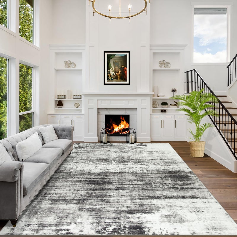 Gent drizz 9x12 Area Rugs Washable Rug: Modern Abstract Living Room Rug Soft Anti-Skid Thin Carpet Indoor Floor Non-Shedding Carpets for Bedroom Dining Room Farmhouse Nursery Home Office Black Grey - Image 1