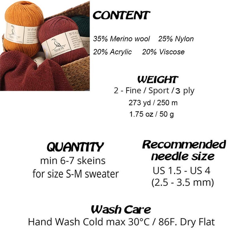 TEHETE Merino Wool Yarn for Knitting 3-Ply Soft Crochet Yarn - Image 2