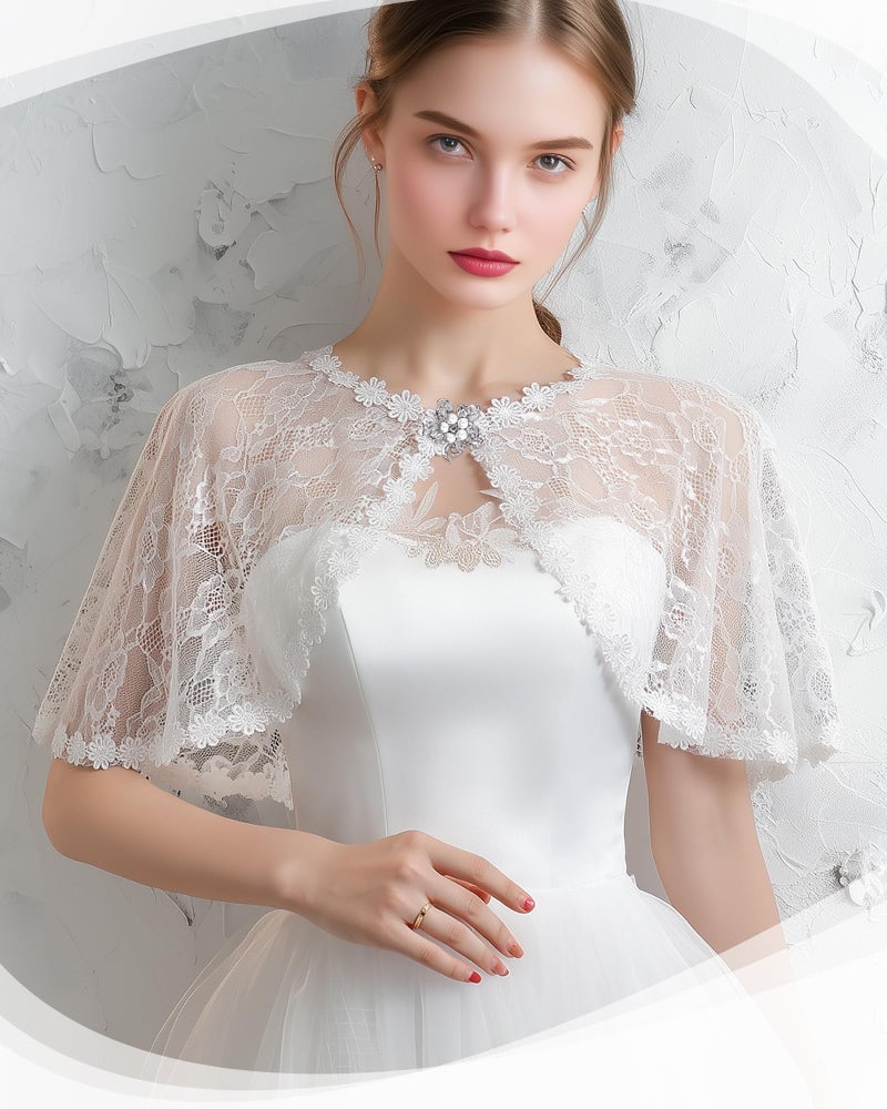 RainFlowwer White Lace Shawl for Women Elegant Short Floral Bridal Lace Shawl Cape Wedding Capelet Cloak Cover Up Wraps Shrug for Formal Evening Dresses Party Wedding Bridal Bridesmaid Cape - Image 3