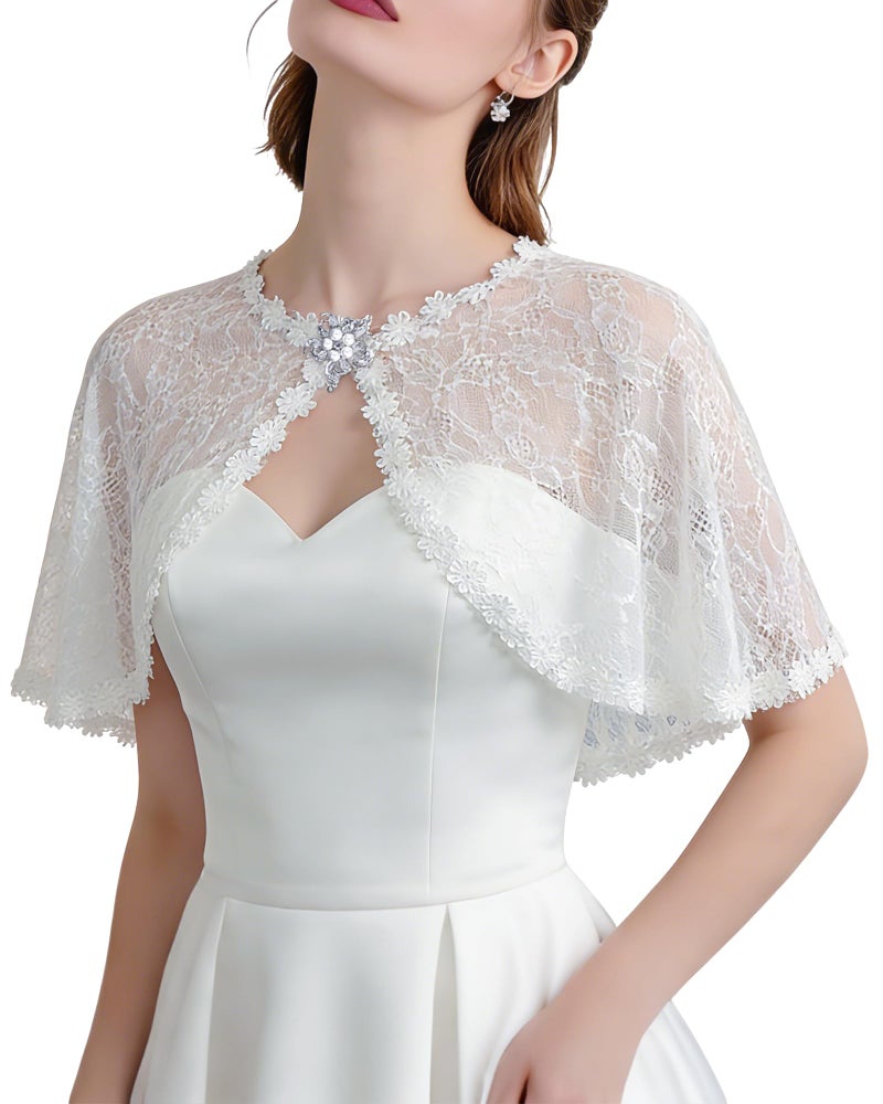 RainFlowwer White Lace Shawl for Women Elegant Short Floral Bridal Lace Shawl Cape Wedding Capelet Cloak Cover Up Wraps Shrug for Formal Evening Dresses Party Wedding Bridal Bridesmaid Cape - Image 1