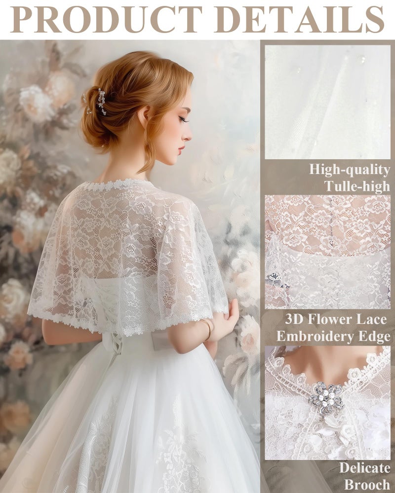RainFlowwer White Lace Shawl for Women Elegant Short Floral Bridal Lace Shawl Cape Wedding Capelet Cloak Cover Up Wraps Shrug for Formal Evening Dresses Party Wedding Bridal Bridesmaid Cape - Image 2