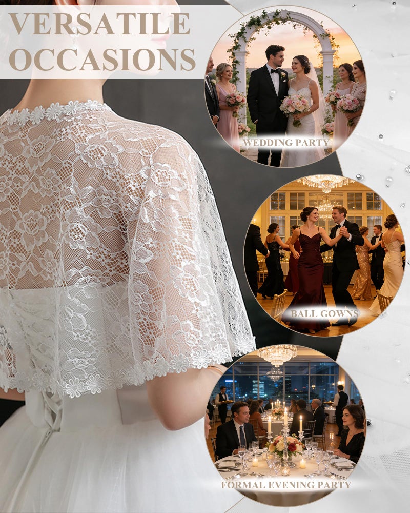 RainFlowwer White Lace Shawl for Women Elegant Short Floral Bridal Lace Shawl Cape Wedding Capelet Cloak Cover Up Wraps Shrug for Formal Evening Dresses Party Wedding Bridal Bridesmaid Cape - Image 5