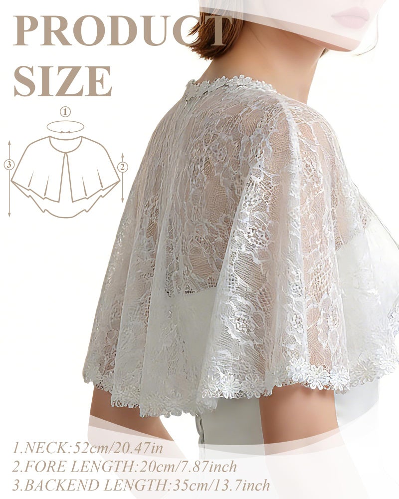 RainFlowwer White Lace Shawl for Women Elegant Short Floral Bridal Lace Shawl Cape Wedding Capelet Cloak Cover Up Wraps Shrug for Formal Evening Dresses Party Wedding Bridal Bridesmaid Cape - Image 4